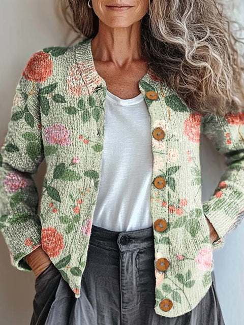 Women's Retro Art Floral Print Buttoned Cardigan Sweater
