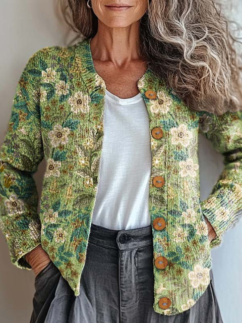 Women's Retro Art Floral Print Buttoned Cardigan Sweater