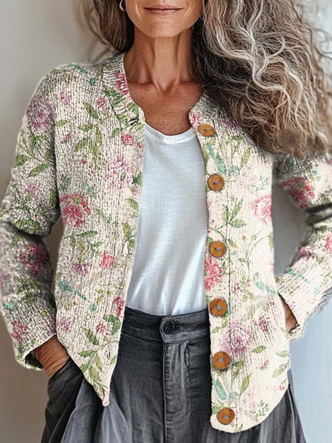 Women's Retro Art Floral Print Buttoned Cardigan Sweater