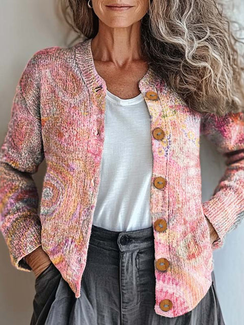 Women's Artistic Abstraction Geometry Print Buttoned Cardigan Sweater