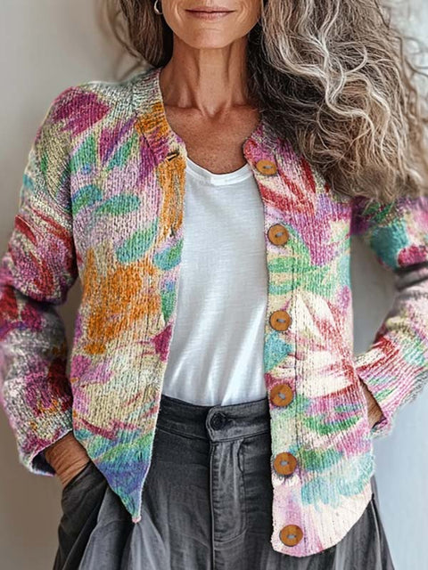 Women's Creative Artistic Flowers Print Buttoned Cardigan Sweater