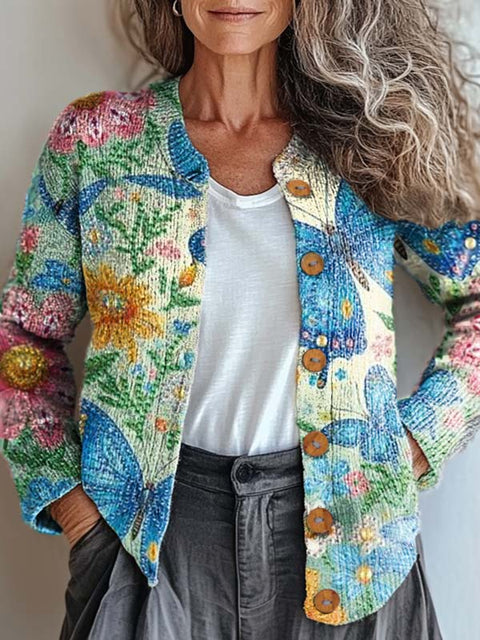 Women's Colorful Artistic Butterfly Flowers Print Buttoned Cardigan Sweater