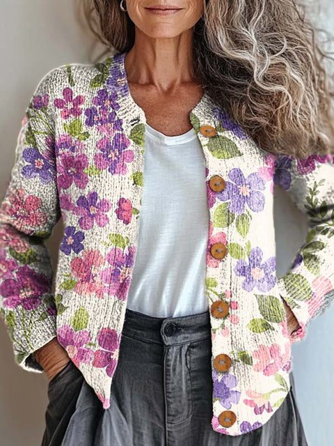 Women's Retro Art Floral Print Buttoned Cardigan Sweater