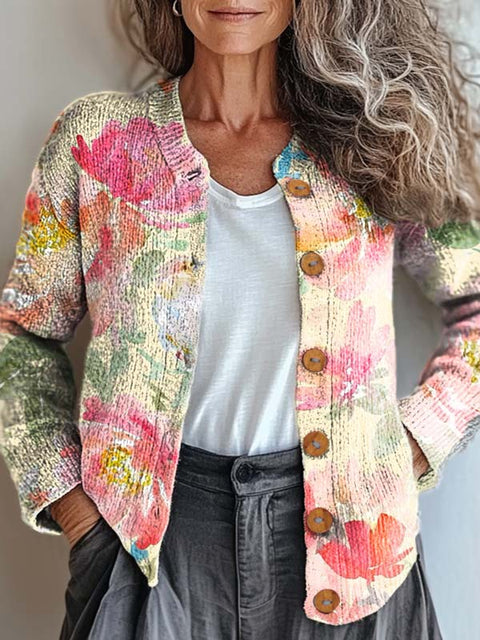 Women's Retro Art Watercolor Flowers Print Buttoned Cardigan Sweater