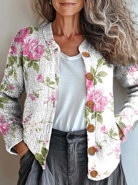 Women's Retro Art Floral Print Buttoned Cardigan Sweater