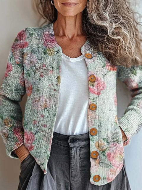 Women's Retro Art Floral Print Buttoned Cardigan Sweater