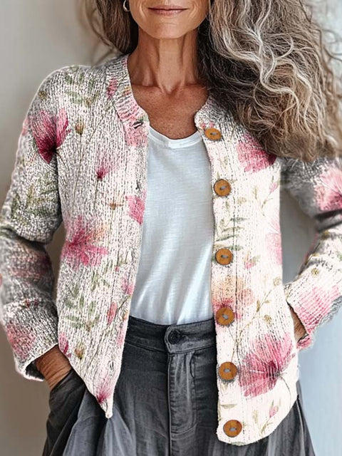 Women's Retro Art Floral Print Buttoned Cardigan Sweater