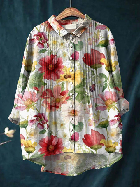 Women's Retro Art Flowers Print Casual Cotton And Linen Ruffle Shirt