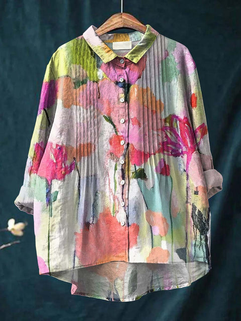 Women's Artistic Oil Painting Flowers Print Casual Cotton And Linen Ruffle Shirt