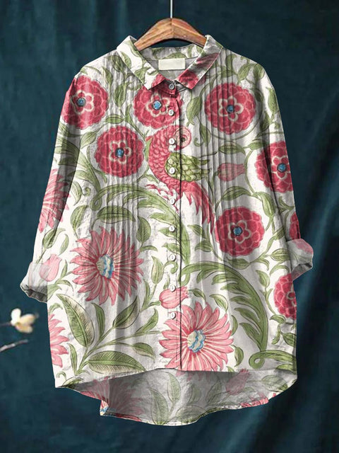 Women's Retro Art Flowers Print Casual Cotton And Linen Ruffle Shirt