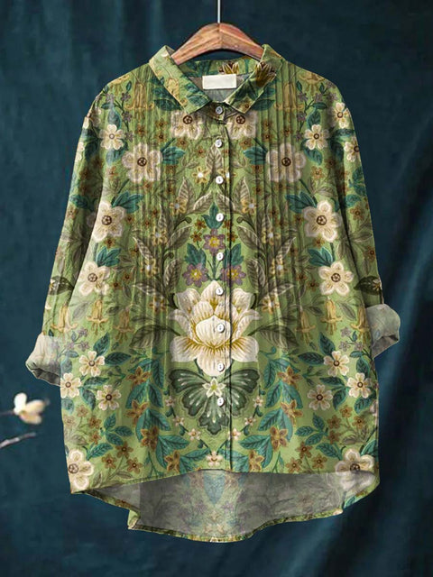 Women's Retro Art Flowers Print Casual Cotton And Linen Ruffle Shirt