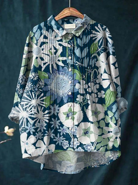 Women's Artistic Creative Flowers Print Casual Cotton And Linen Ruffle Shirt