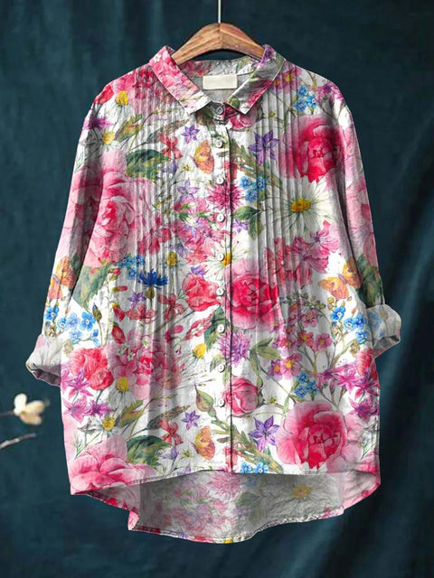 Women's Retro Artistic Watercolor Flowers Print Casual Cotton And Linen Ruffle Shirt