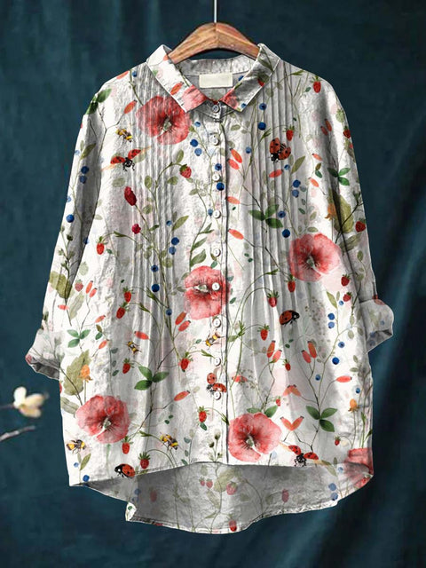 Women's Retro Art Watercolor Flowers Print Casual Cotton And Linen Ruffle Shirt
