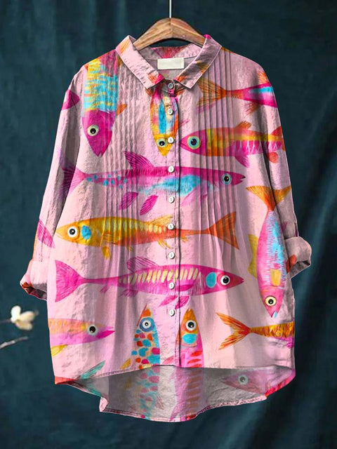 Women's Abstract Art Creative Fish Print Casual Cotton And Linen Ruffle Shirt