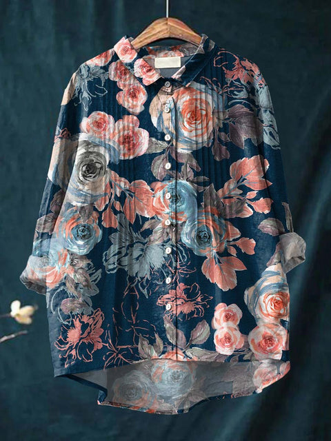 Women's Retro Art Flowers Print Casual Cotton And Linen Ruffle Shirt