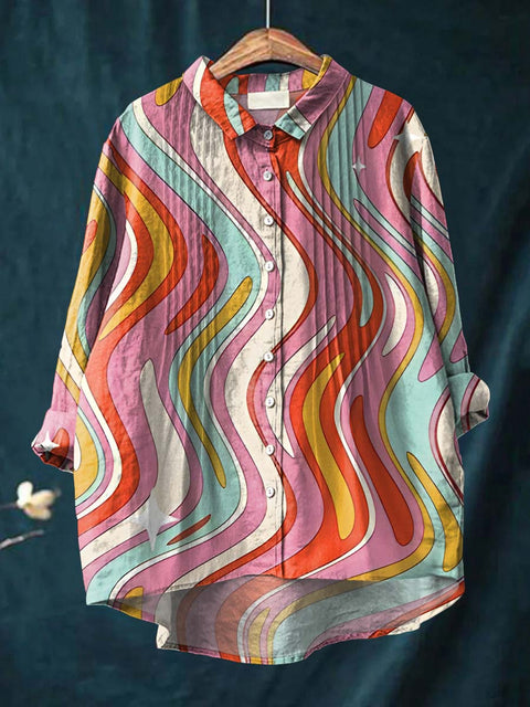 Women's Colorful Artistic Abstract Lines Print Casual Cotton And Linen Ruffle Shirt