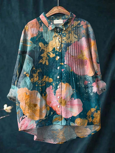 Women's Retro Art Flowers Print Casual Cotton And Linen Ruffle Shirt