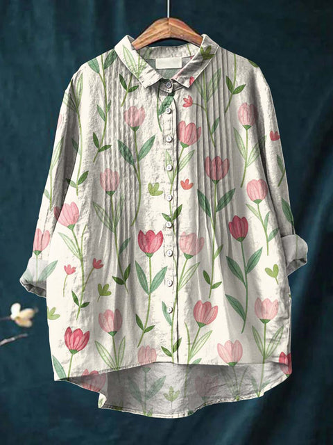 Women's Colorful Artistic Flowers Print Casual Cotton And Linen Ruffle Shirt