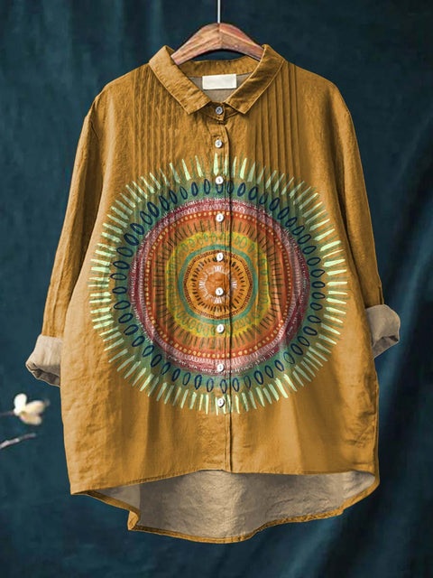 Women's Retro Ethnic Art Patterns Print Casual Cotton And Linen Ruffle Shirt