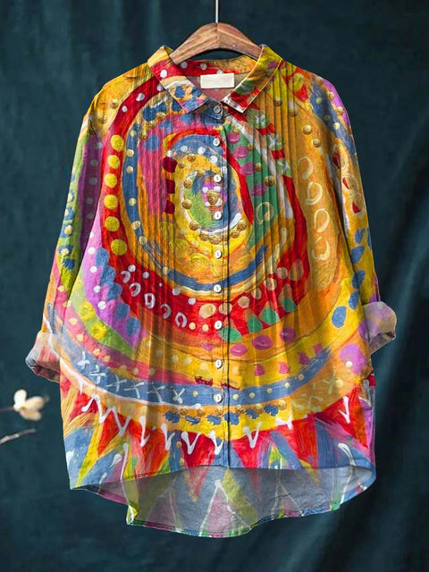 Women's Colorful Artistic Abstract Patterns Print Casual Cotton And Linen Ruffle Shirt