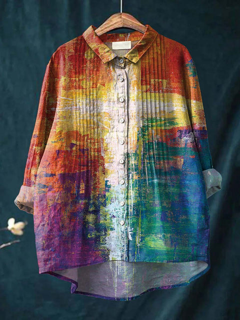 Women's Colorful Artistic Cross Print Casual Cotton And Linen Ruffle Shirt