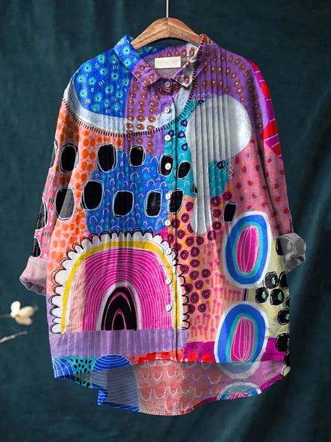 Women's Artistic Abstract Geometric Patterns Print Casual Cotton And Linen Ruffle Shirt