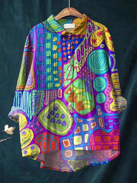 Women's Artistic Abstract Geometric Patterns Print Casual Cotton And Linen Ruffle Shirt
