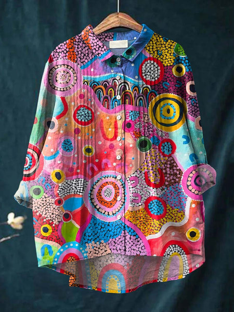 Women's Artistic Abstract Geometric Patterns Print Casual Cotton And Linen Ruffle Shirt