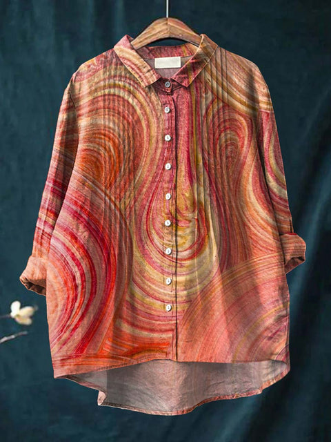 Women's Abstract Art Lines Texture Print Casual Cotton And Linen Ruffle Shirt