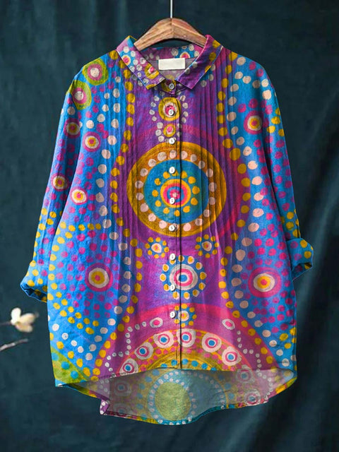 Women's Colorful Artistic Geometric Patterns Print Casual Cotton And Linen Ruffle Shirt