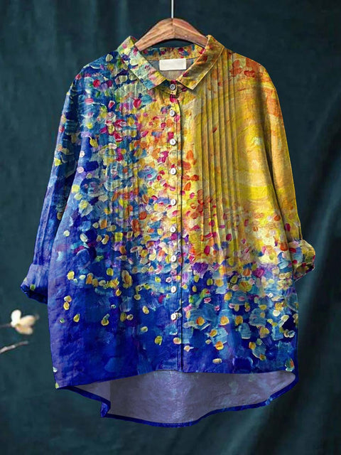 Women's Artistic Abstract Sun Print Casual Cotton And Linen Ruffle Shirt