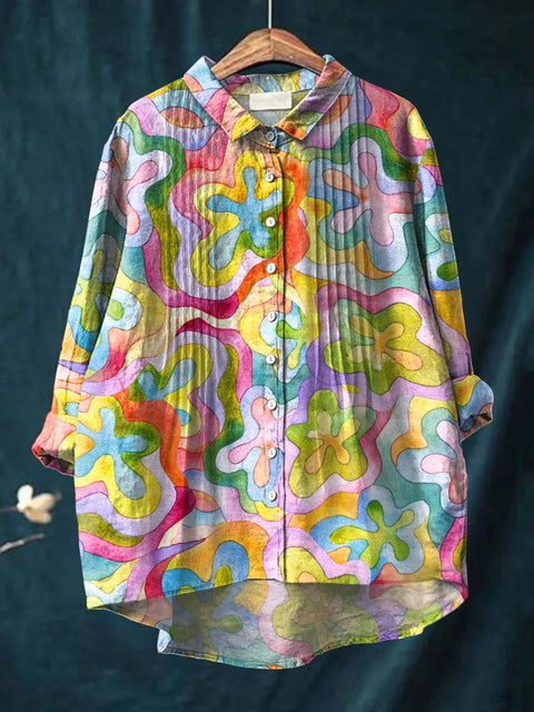 Women's Artistic Watercolor Abstract Flowers Print Casual Cotton And Linen Ruffle Shirt