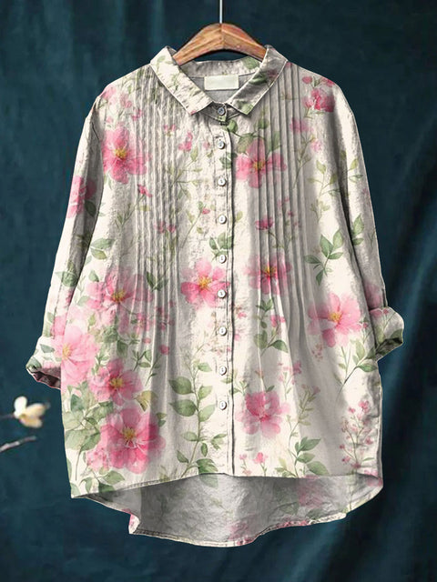 Women's Retro Art Flowers Print Casual Cotton And Linen Ruffle Shirt
