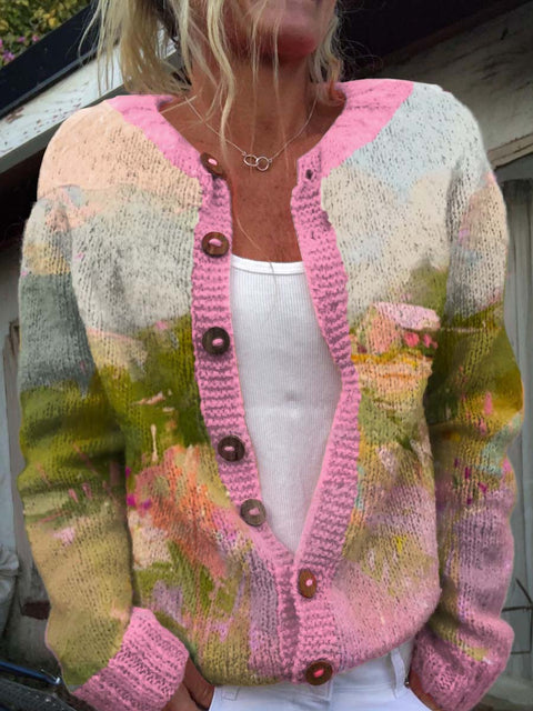 Women's Art Oil Painting Flowers Print Buttoned Cardigan Sweater