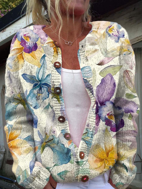 Women's Retro Art Watercolor Flowers Print Buttoned Cardigan Sweater