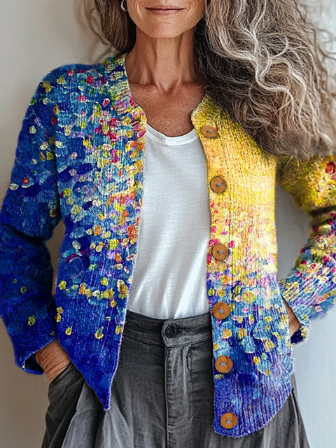 Women's Sun Art Abstraction Print Buttoned Cardigan Sweater
