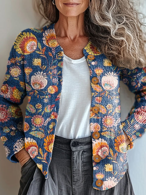 Women's Blue Ethnic Art Flowers Print Buttoned Cardigan Sweater