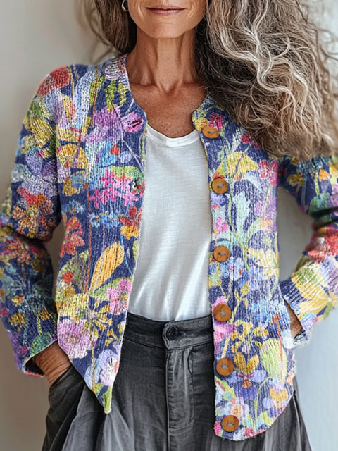 Women's Retro Art Flowers Print Buttoned Cardigan Sweater