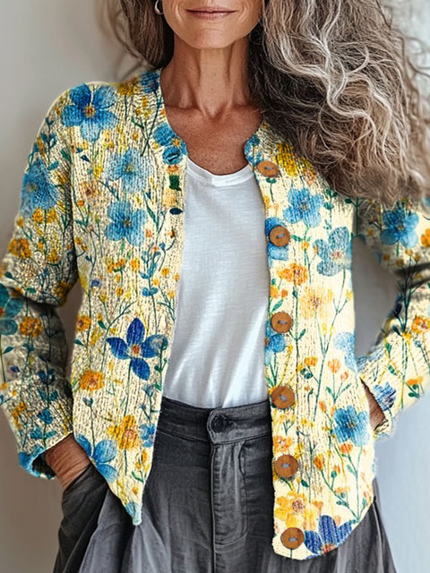 Women's Retro Art Flowers Print Buttoned Cardigan Sweater