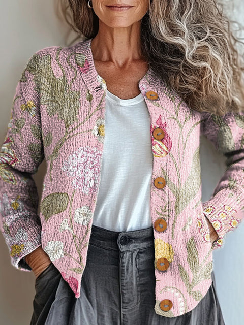 Women's Retro Art Flowers Print Buttoned Cardigan Sweater