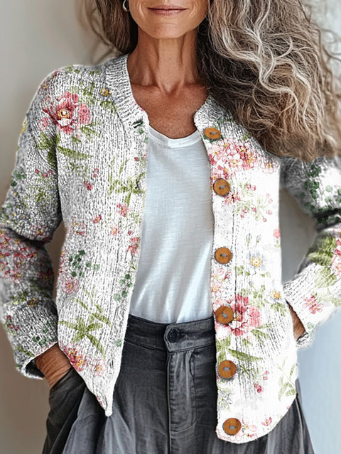 Women's Retro Art Flowers Print Buttoned Cardigan Sweater