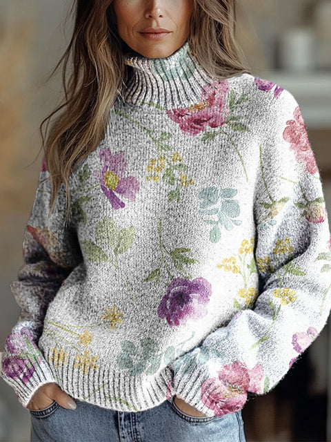 Women's Retro Art Watercolor Flowers Print Knit Turtleneck Pullover Sweater