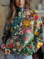 Women's Vintage Art Oil Painting Flowers Print Knit Turtleneck Pullover Sweater
