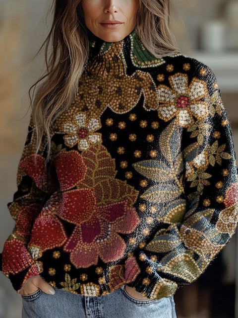 Women's Retro Ethnic Art Flowers Print Knit Turtleneck Pullover Sweater