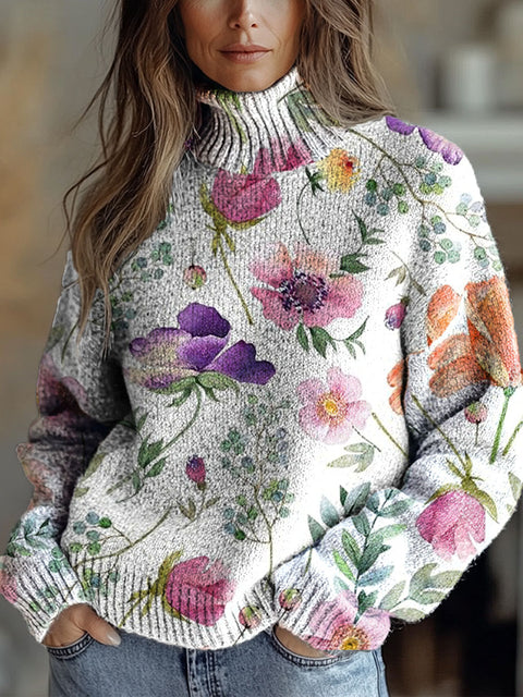 Women's Retro Art Watercolor Flowers Print Knit Turtleneck Pullover Sweater