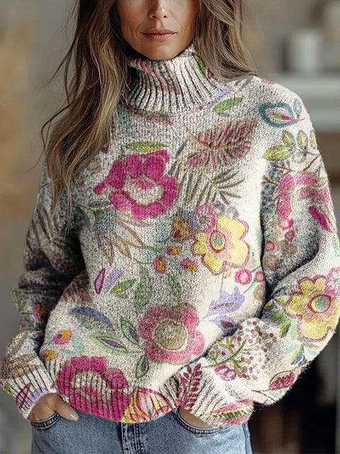 Women's Retro Ethnic Art Flowers Print Knit Turtleneck Pullover Sweater