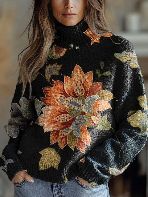 Women's Retro Ethnic Art Flowers Print Knit Turtleneck Pullover Sweater