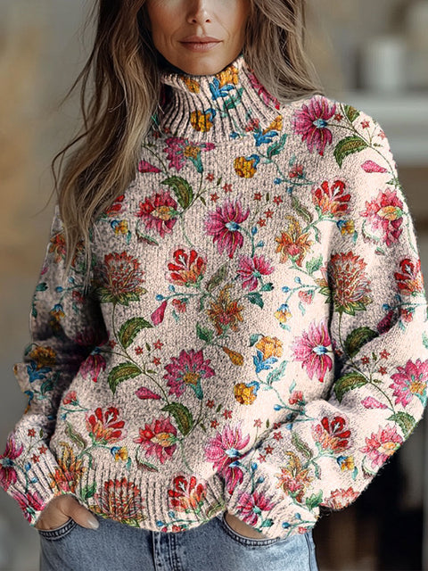Women's Retro Ethnic Art Flowers Print Knit Turtleneck Pullover Sweater