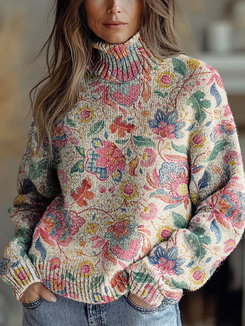 Women's Retro Ethnic Art Flowers Print Knit Turtleneck Pullover Sweater